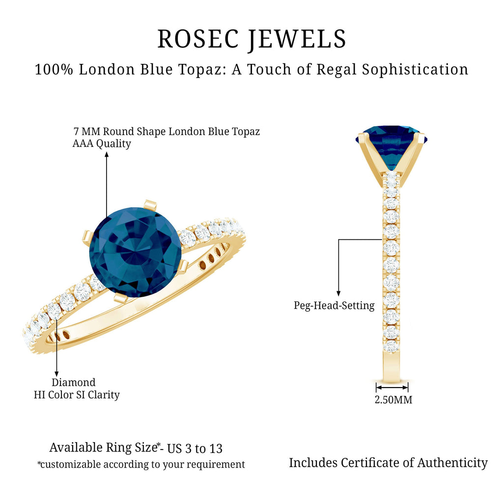 1.3 Carat Round London Blue Topaz Solitaire Ring with Diamond Side Stones