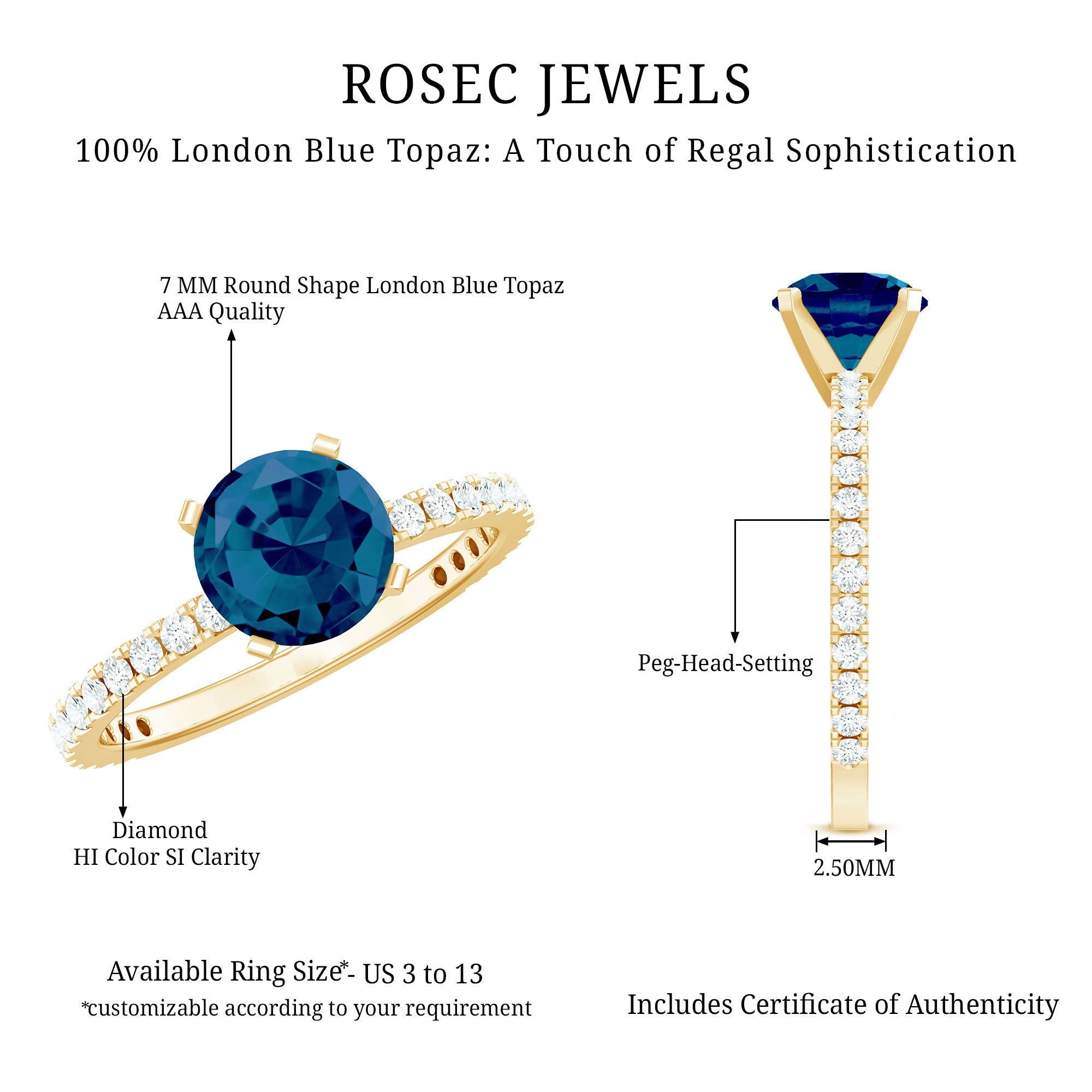 1.3 Carat Round London Blue Topaz Solitaire Ring with Diamond Side Stones