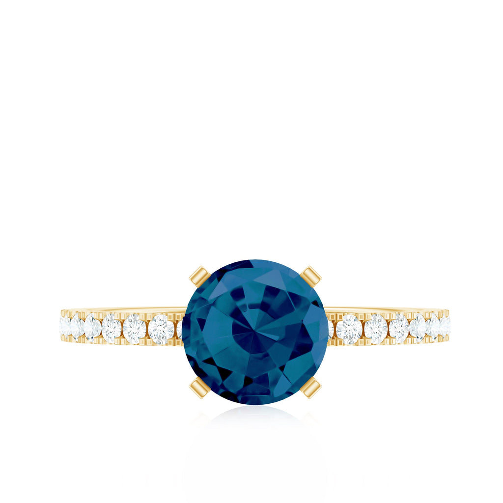 1.3 Carat Round London Blue Topaz Solitaire Ring with Diamond Side Stones