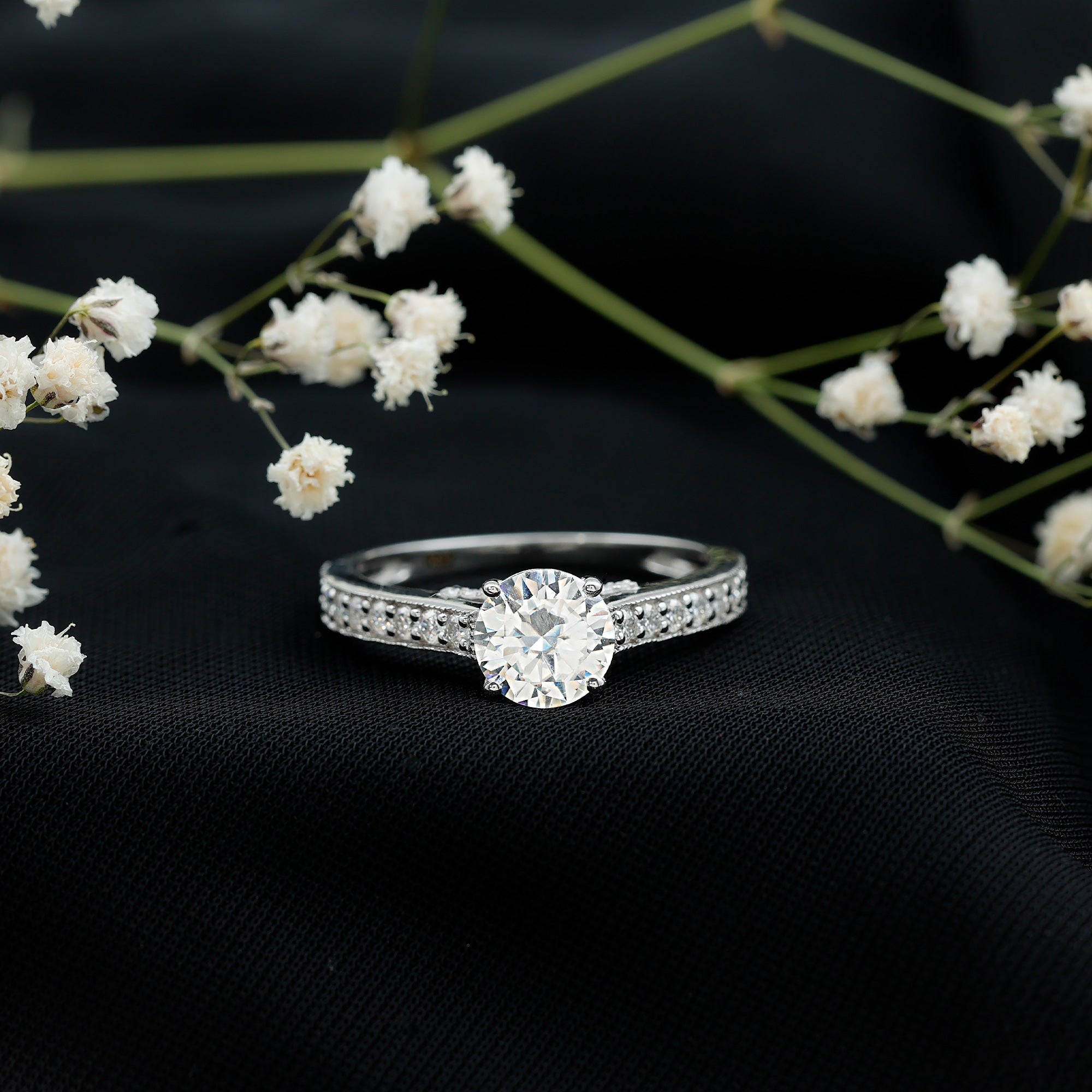 Certified 2 Carat Moissanite Solitaire Engagement Ring With Side Stones