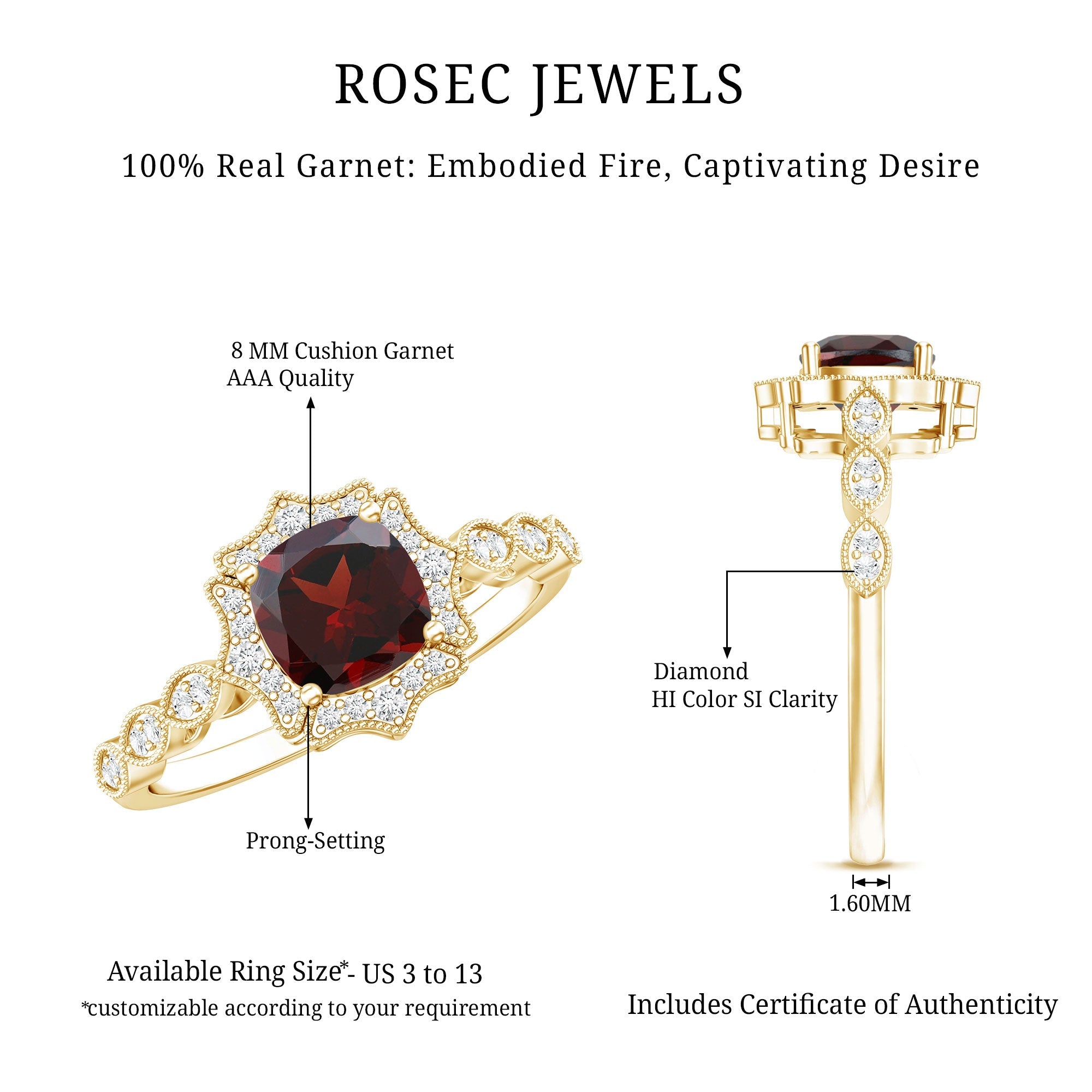 Vintage Looking 3.2 Carat Garnet Cushion Cut Engagement Ring with Diamond