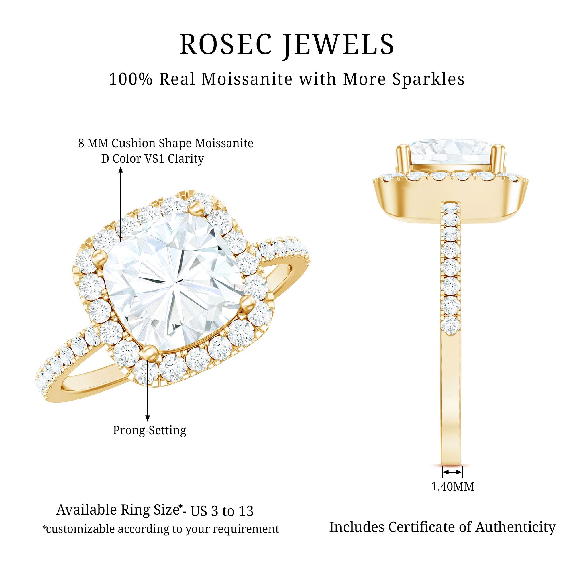 3 Carat Cushion Cut Moissanite Halo Engagement Ring for Women