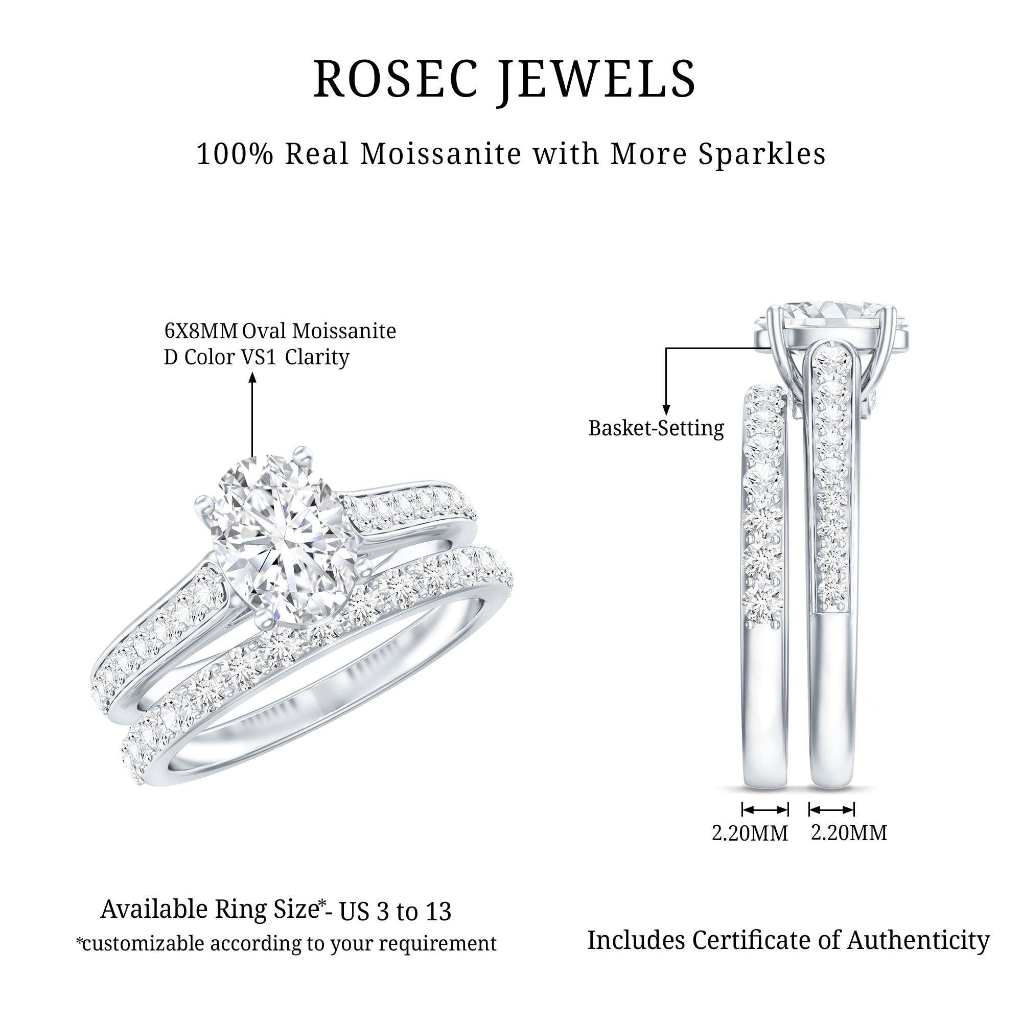 Certified Moissanite Oval Engagement Ring Set