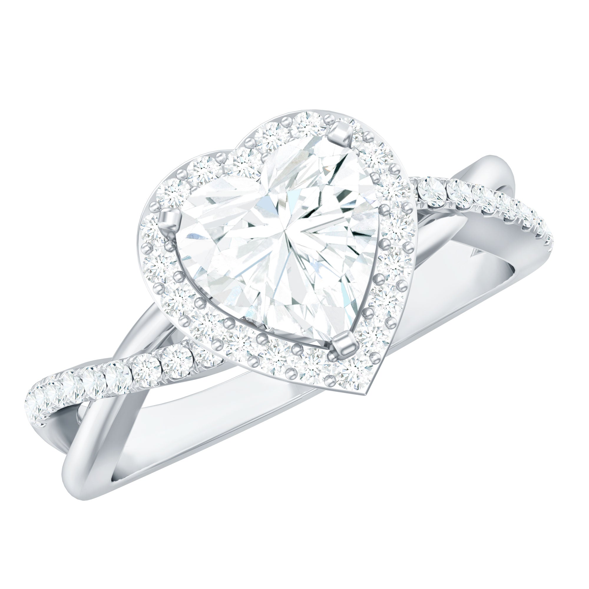 Heart Shape Moissanite Ring – Halo Engagement with Criss Cross Band Design