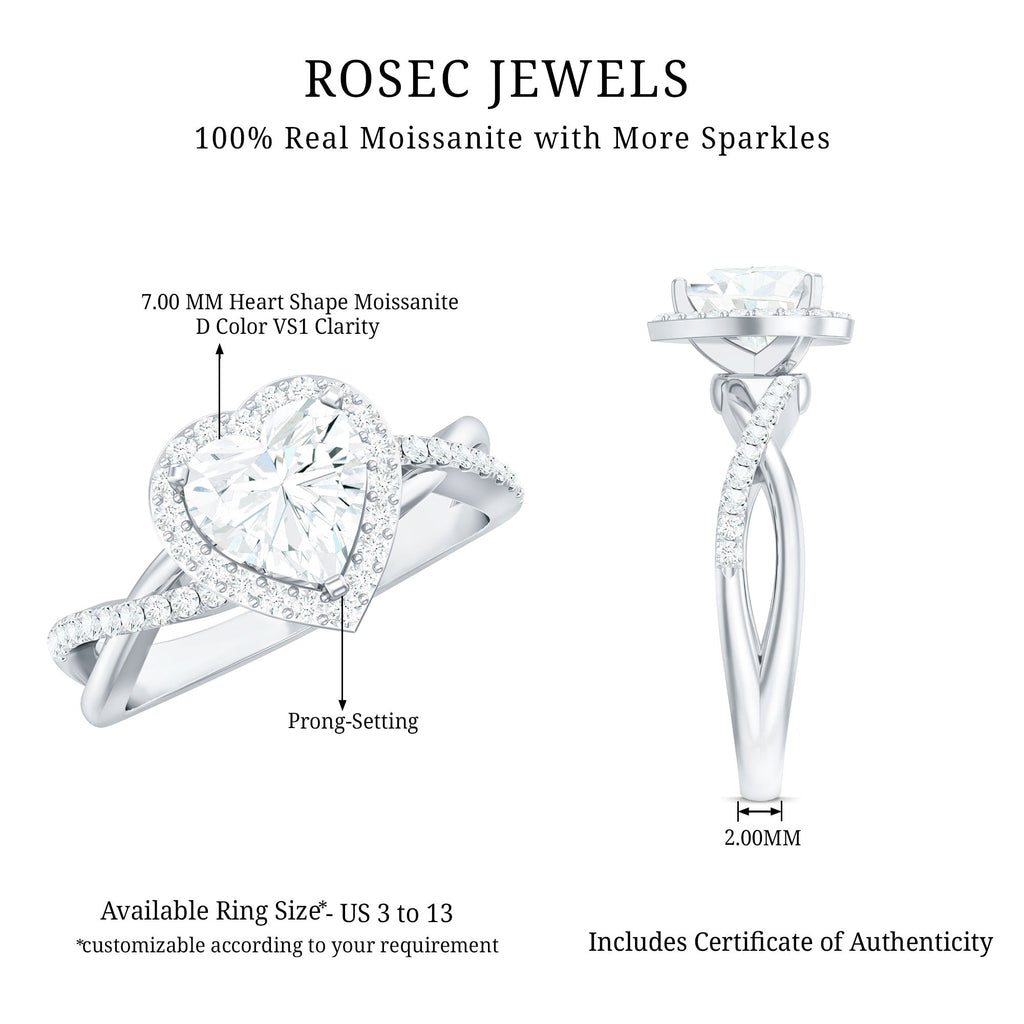 Heart Shape Moissanite Ring – Halo Engagement with Criss Cross Band Design