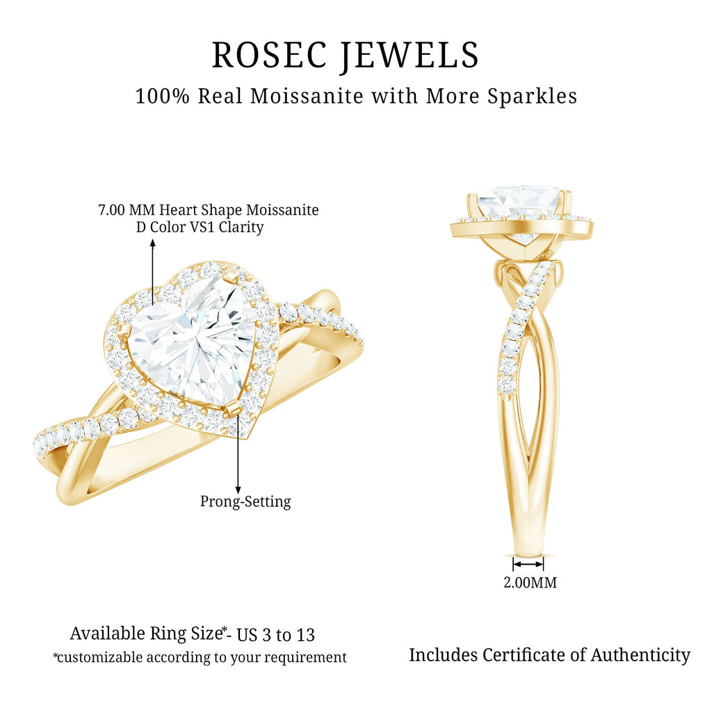 Heart Shape Moissanite Ring – Halo Engagement with Criss Cross Band Design