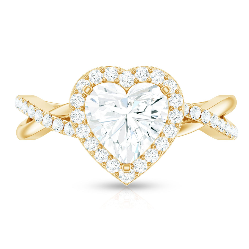 Heart Shape Moissanite Ring – Halo Engagement with Criss Cross Band Design
