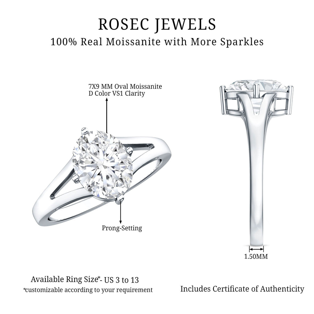 Oval Moissanite Engagement Ring – 2 Carat Solitaire Split Shank Band