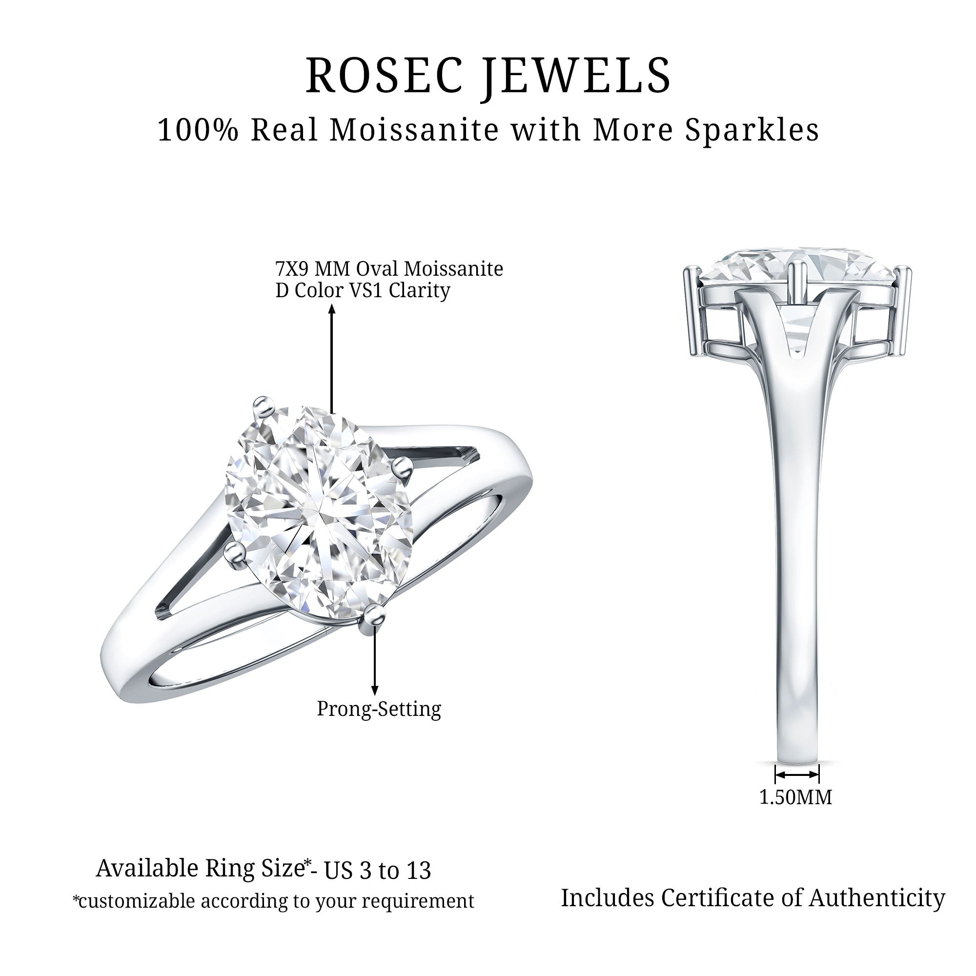 Oval Moissanite Engagement Ring – 2 Carat Solitaire Split Shank Band