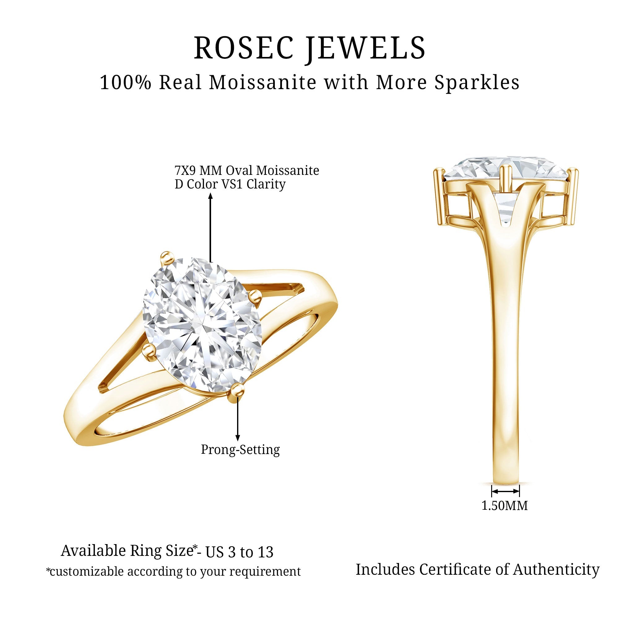 Oval Moissanite Engagement Ring – 2 Carat Solitaire Split Shank Band