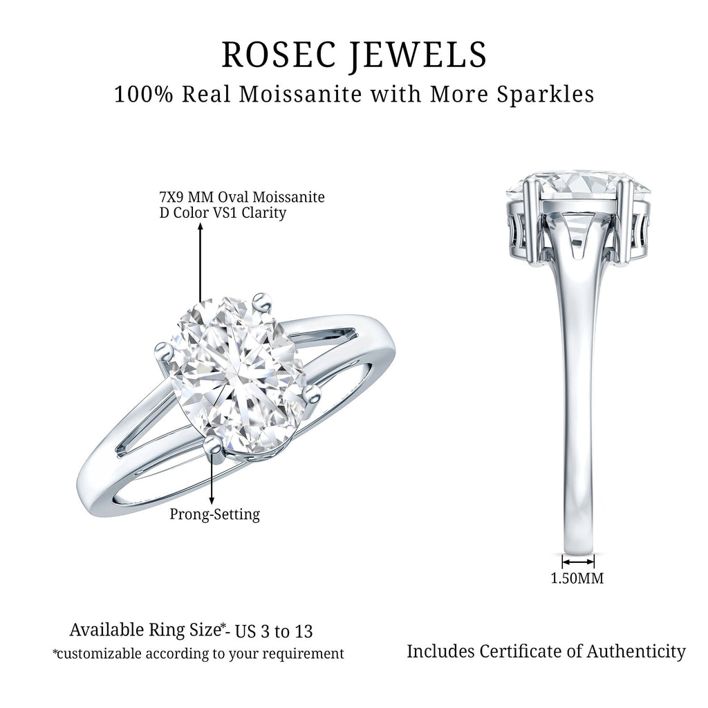 Oval Moissanite Engagement Ring – Solitaire Split Shank With Brilliant Cut Stone