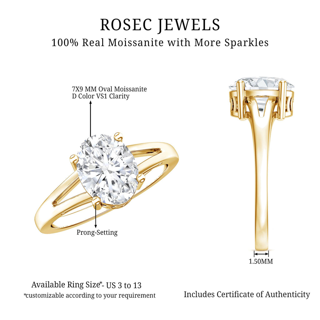 Oval Moissanite Engagement Ring – Solitaire Split Shank With Brilliant Cut Stone