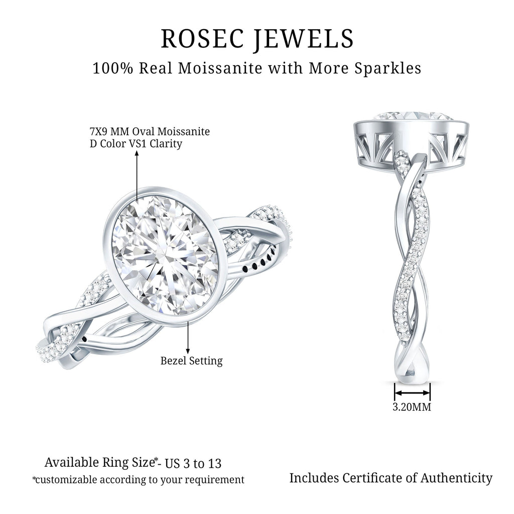 Moissanite Engagement Ring - Oval Cut Bezel Set With Braided Shank Band