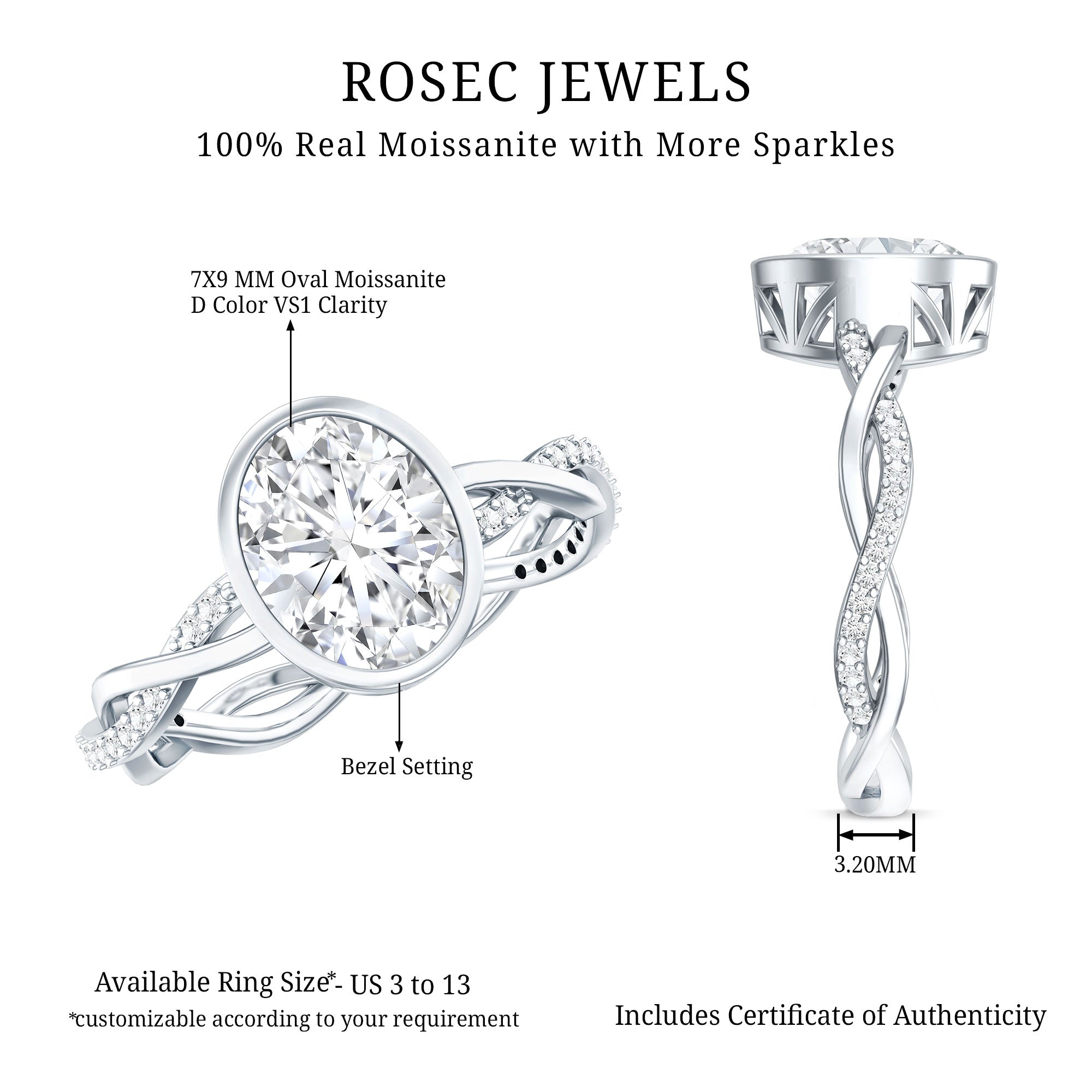 Moissanite Engagement Ring - Oval Cut Bezel Set With Braided Shank Band