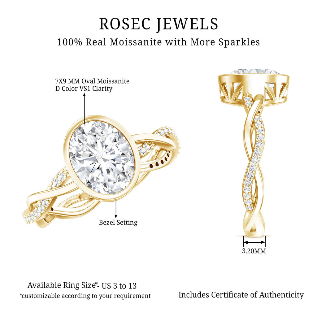 Moissanite Engagement Ring - Oval Cut Bezel Set With Braided Shank Band