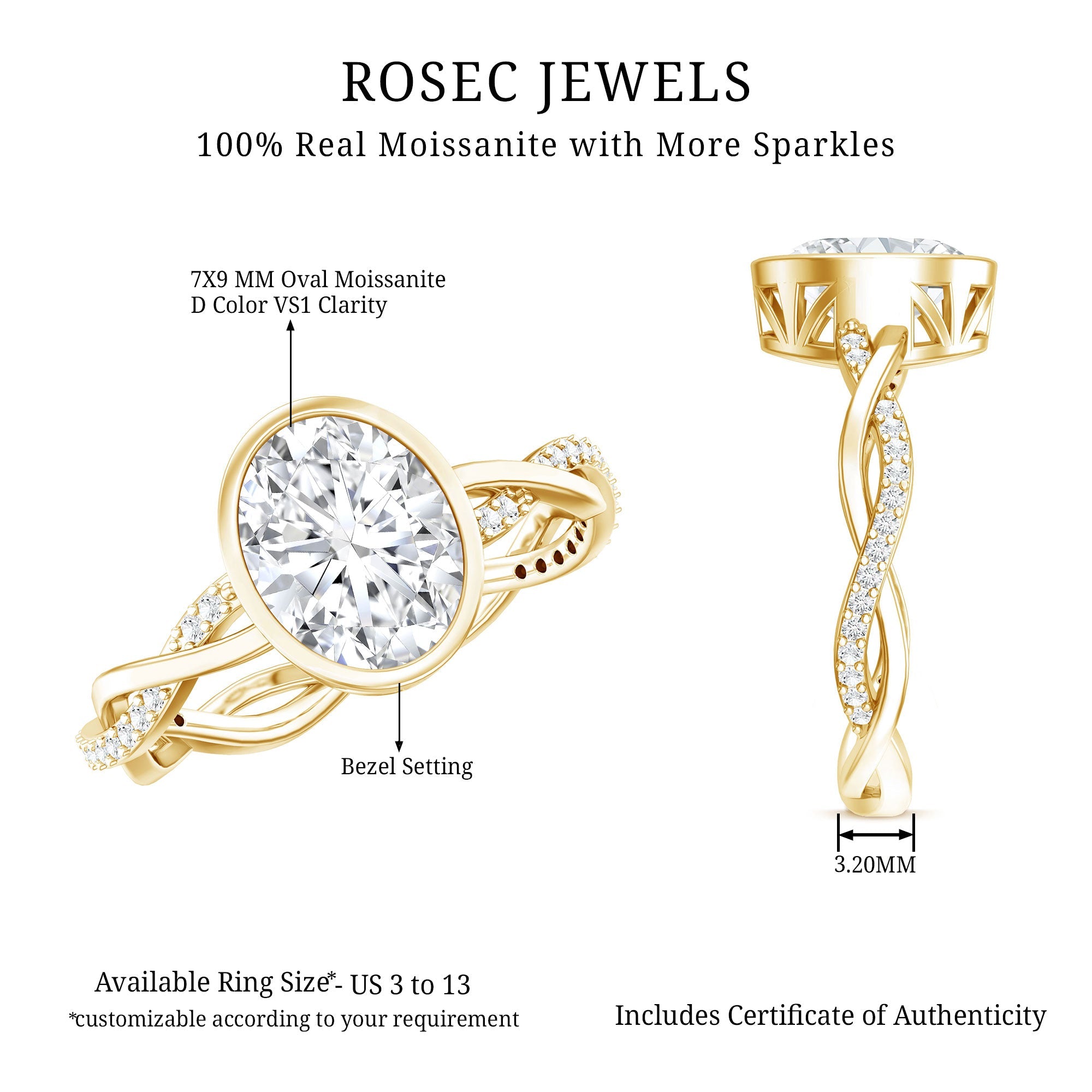 Moissanite Engagement Ring - Oval Cut Bezel Set With Braided Shank Band