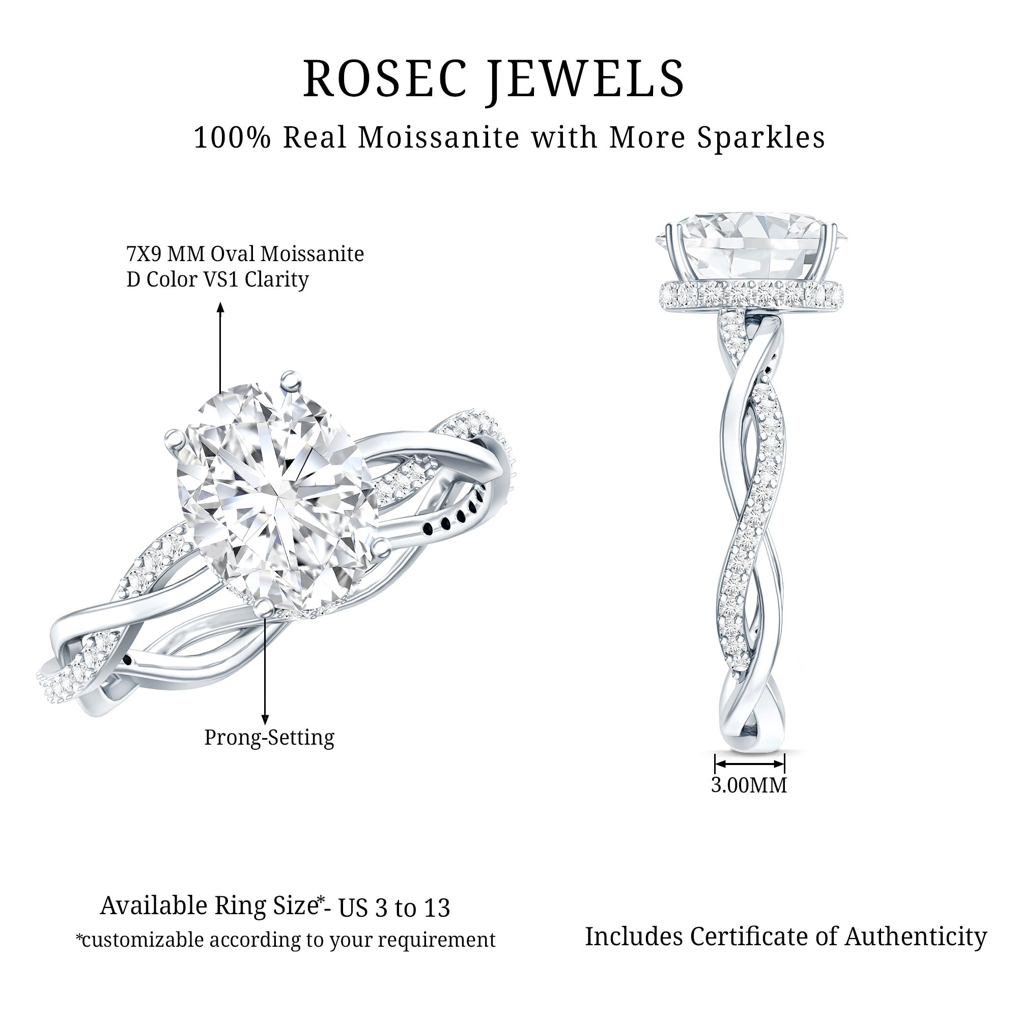 Moissanite Engagement Ring – Hidden Halo Ring with Infinity Shank Band Design