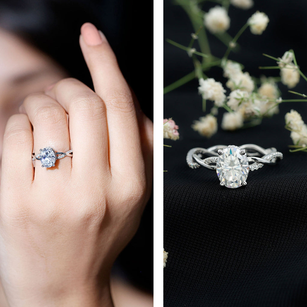 Moissanite Engagement Ring – Hidden Halo Ring with Infinity Shank Band Design