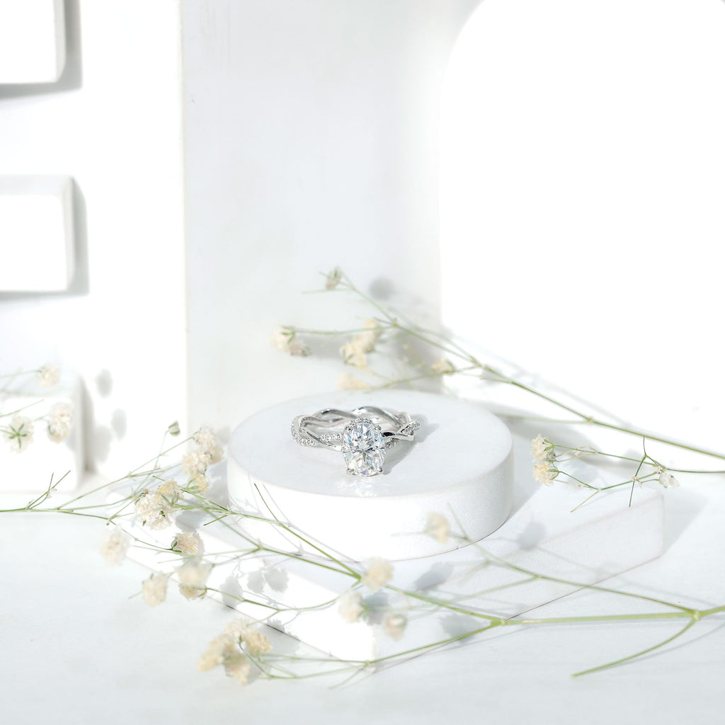 Moissanite Engagement Ring – Hidden Halo Ring with Infinity Shank Band Design