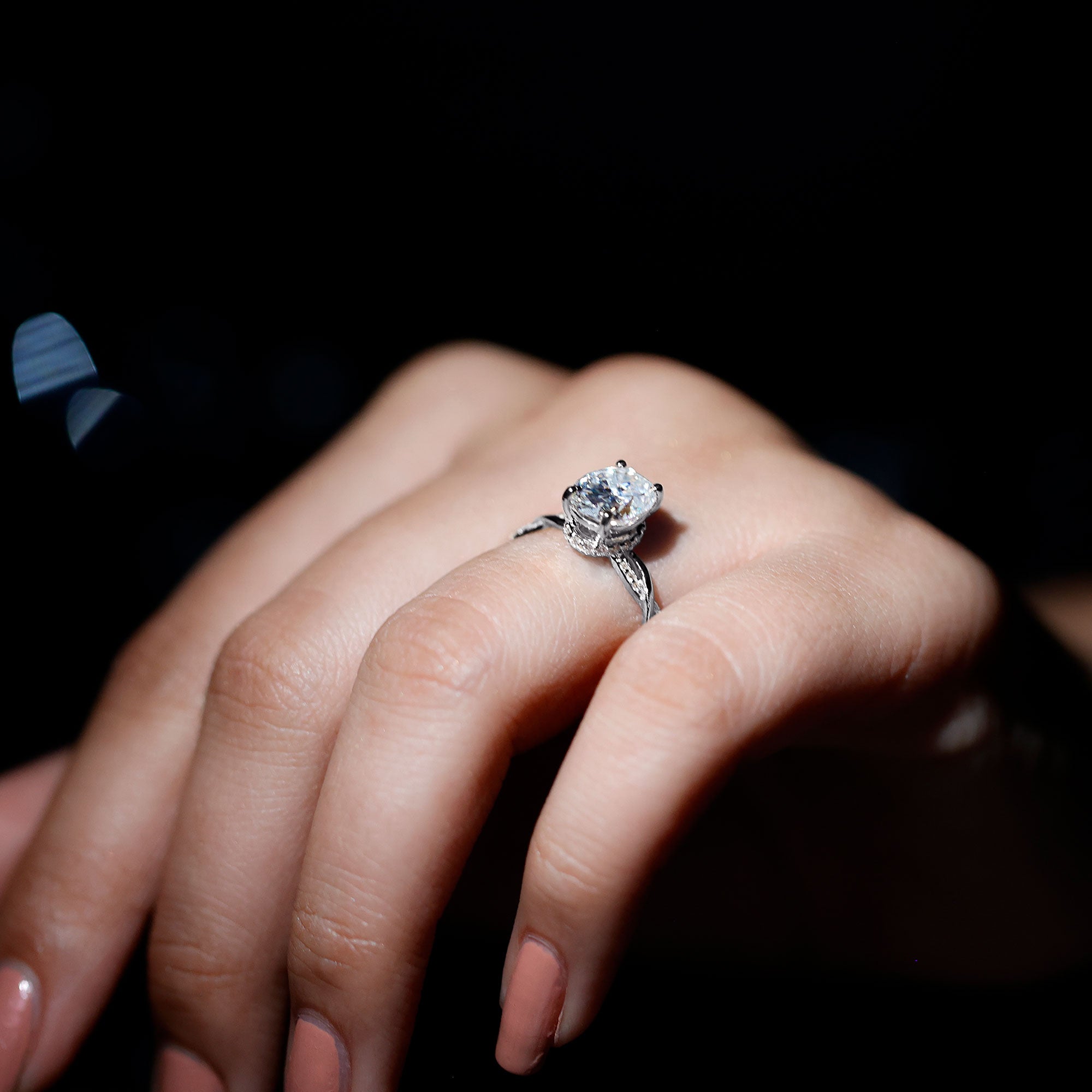 Moissanite Engagement Ring – Hidden Halo Ring with Infinity Shank Band Design
