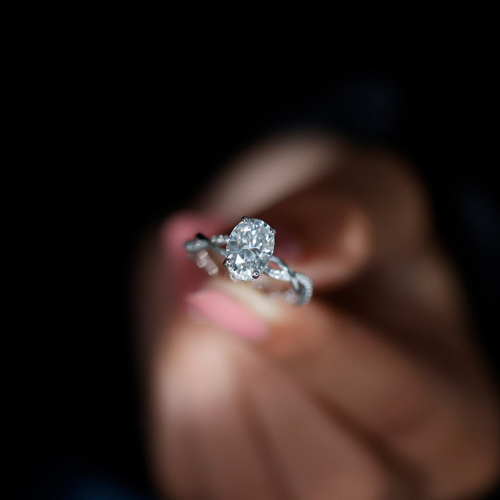 Moissanite Engagement Ring – Hidden Halo Ring with Infinity Shank Band Design