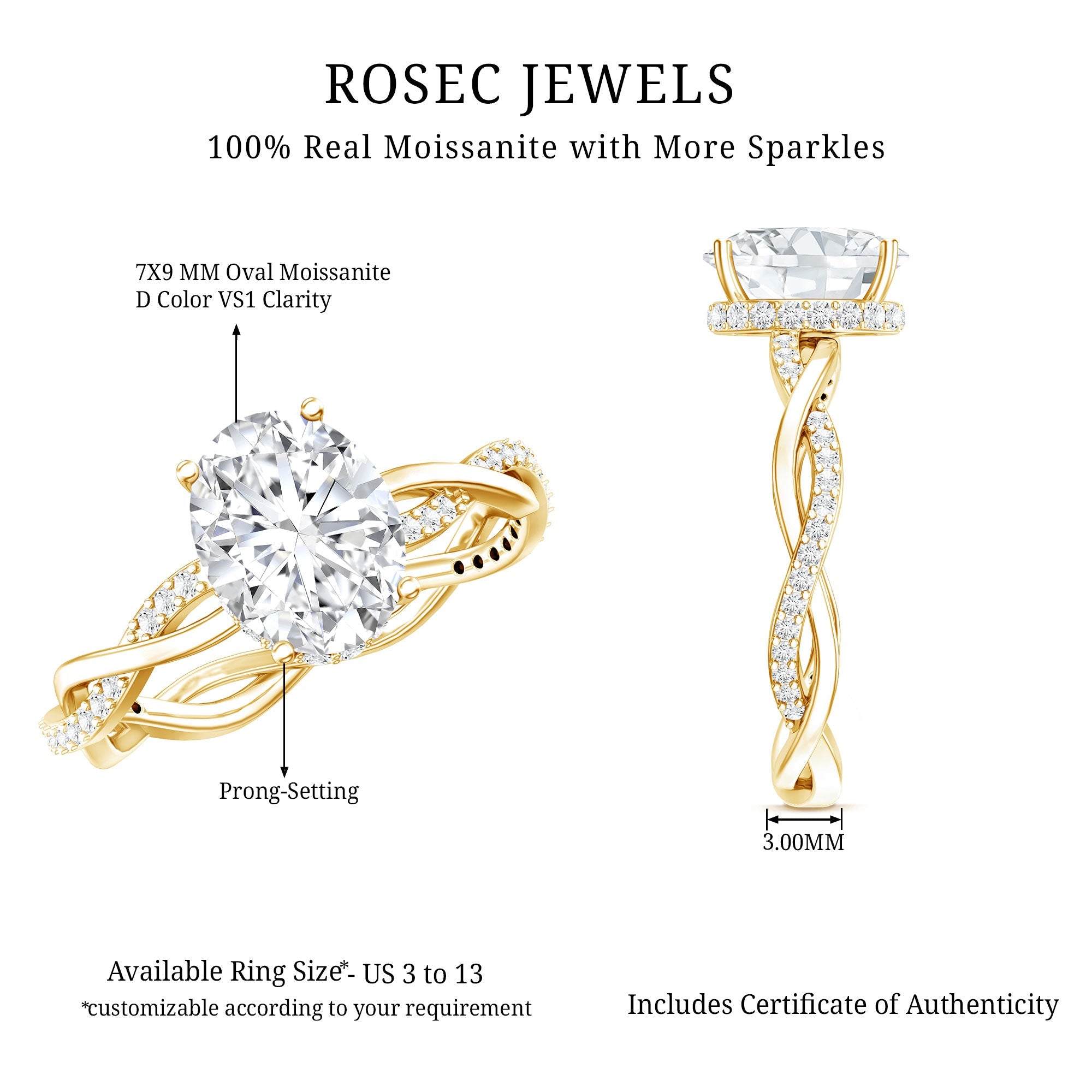 Moissanite Engagement Ring – Hidden Halo Ring with Infinity Shank Band Design