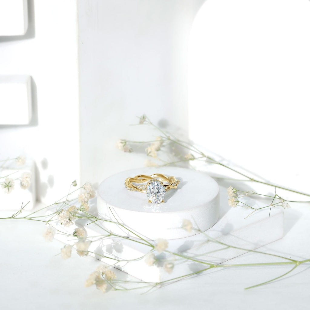 Moissanite Engagement Ring – Hidden Halo Ring with Infinity Shank Band Design