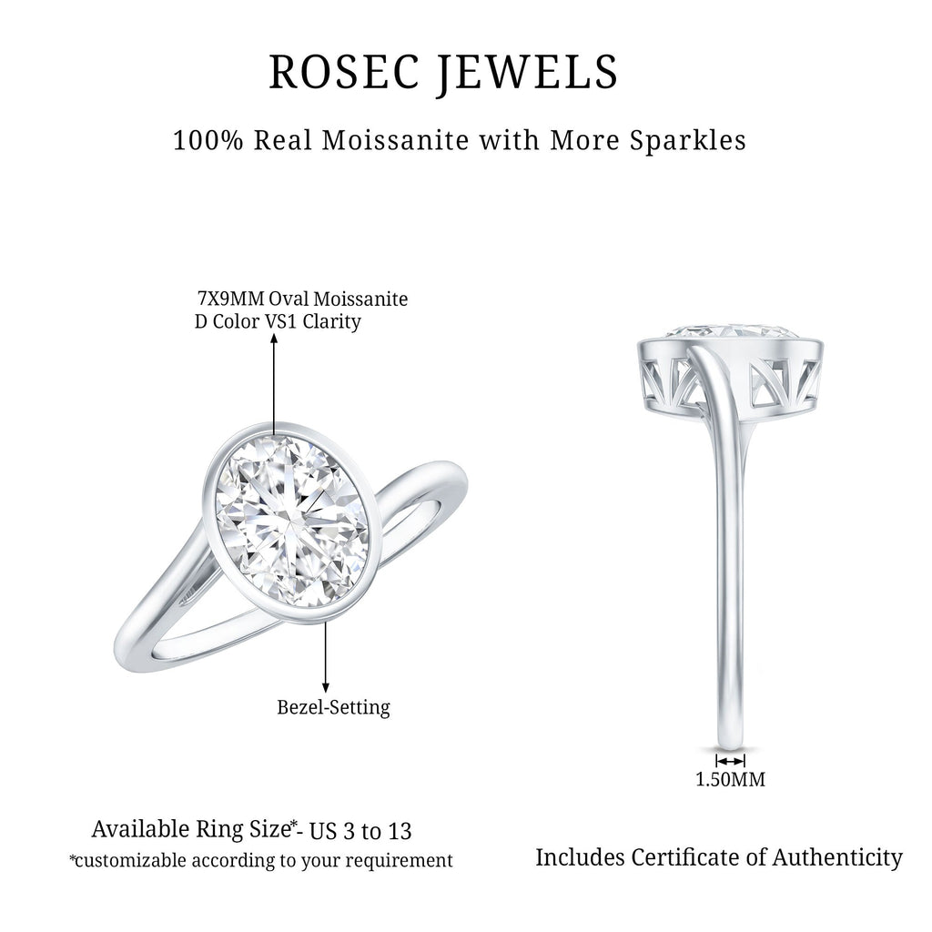 2 Carat Moissanite Ring - Oval Cut Bezel Set Solitaire with Bypass Shank