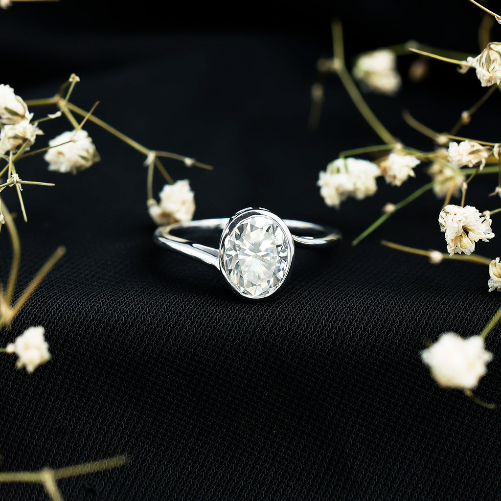 2 Carat Moissanite Ring - Oval Cut Bezel Set Solitaire with Bypass Shank