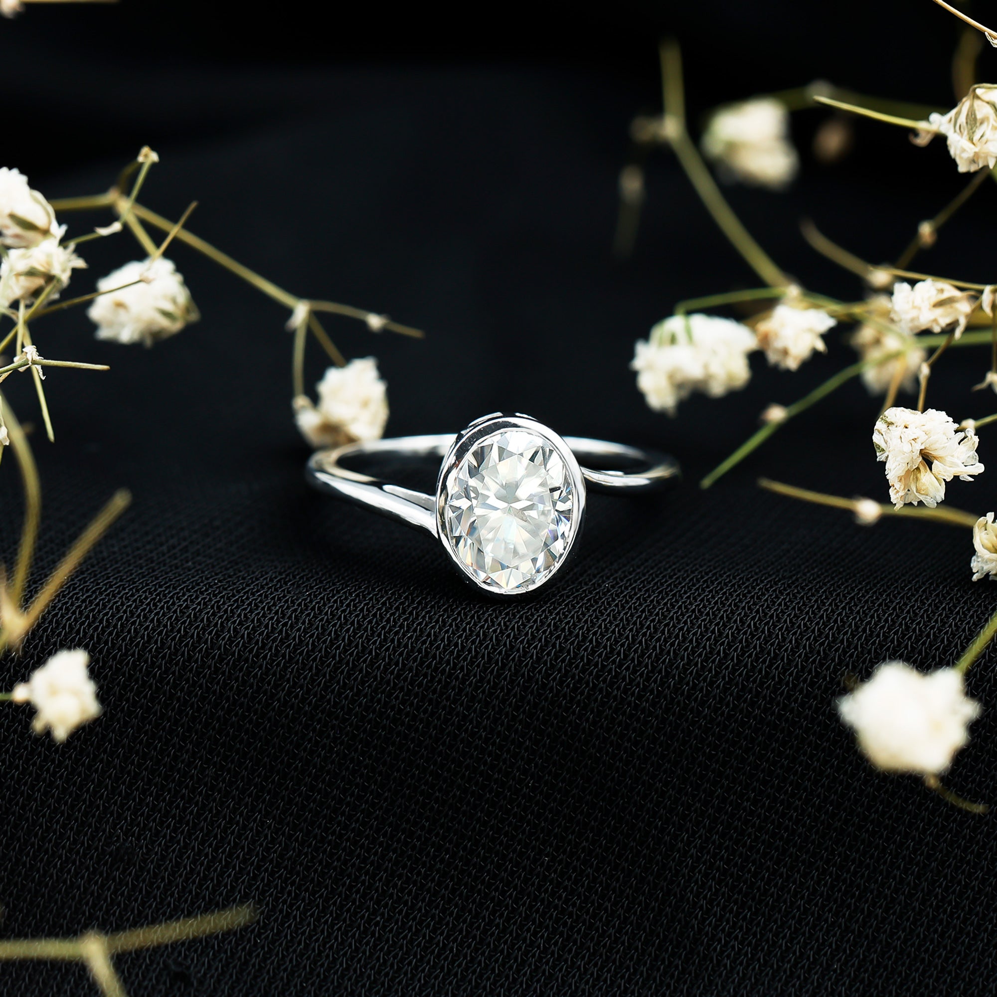 2 Carat Moissanite Ring - Oval Cut Bezel Set Solitaire with Bypass Shank