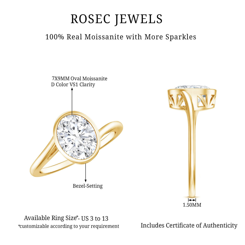 2 Carat Moissanite Ring - Oval Cut Bezel Set Solitaire with Bypass Shank