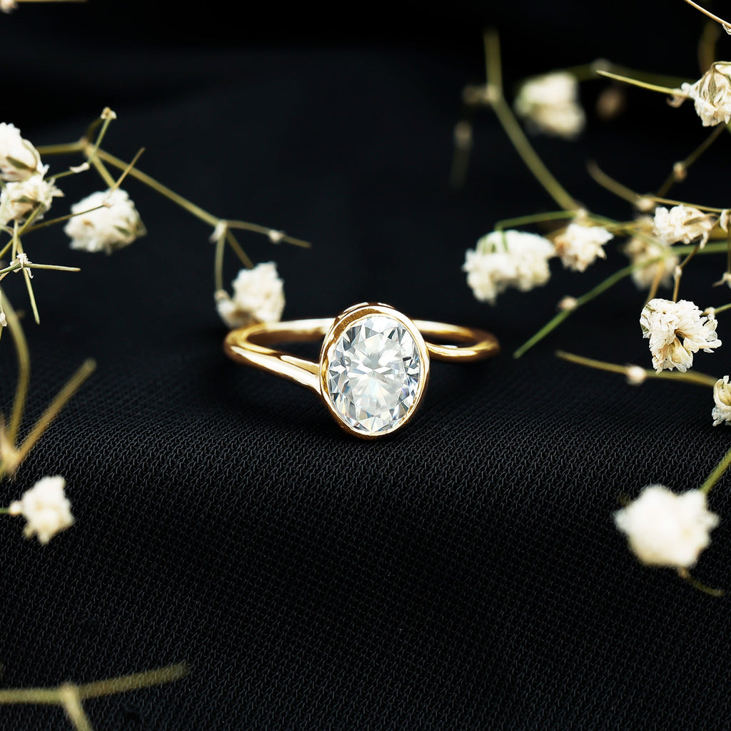 2 Carat Moissanite Ring - Oval Cut Bezel Set Solitaire with Bypass Shank