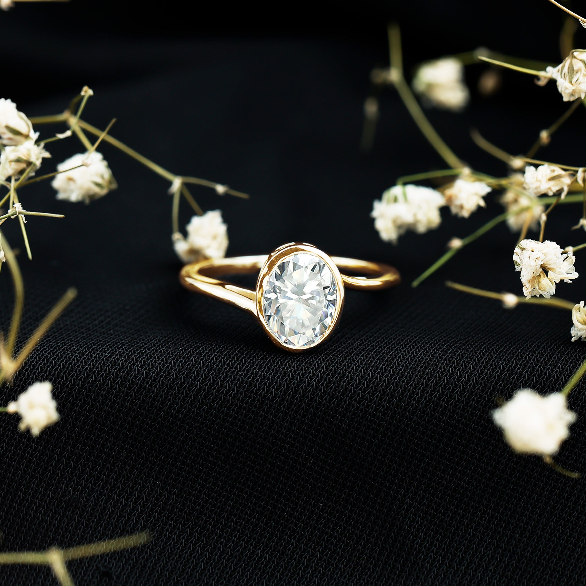 2 Carat Moissanite Ring - Oval Cut Bezel Set Solitaire with Bypass Shank