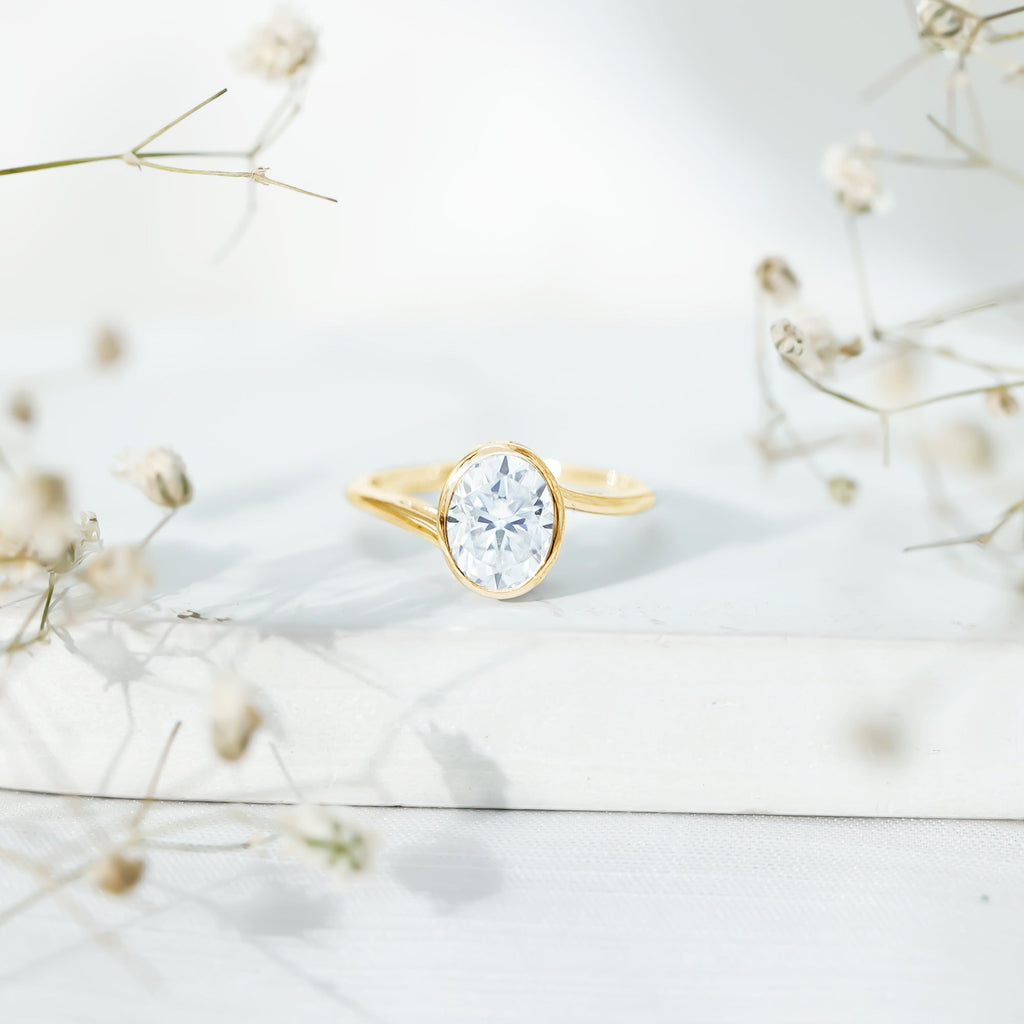 2 Carat Moissanite Ring - Oval Cut Bezel Set Solitaire with Bypass Shank