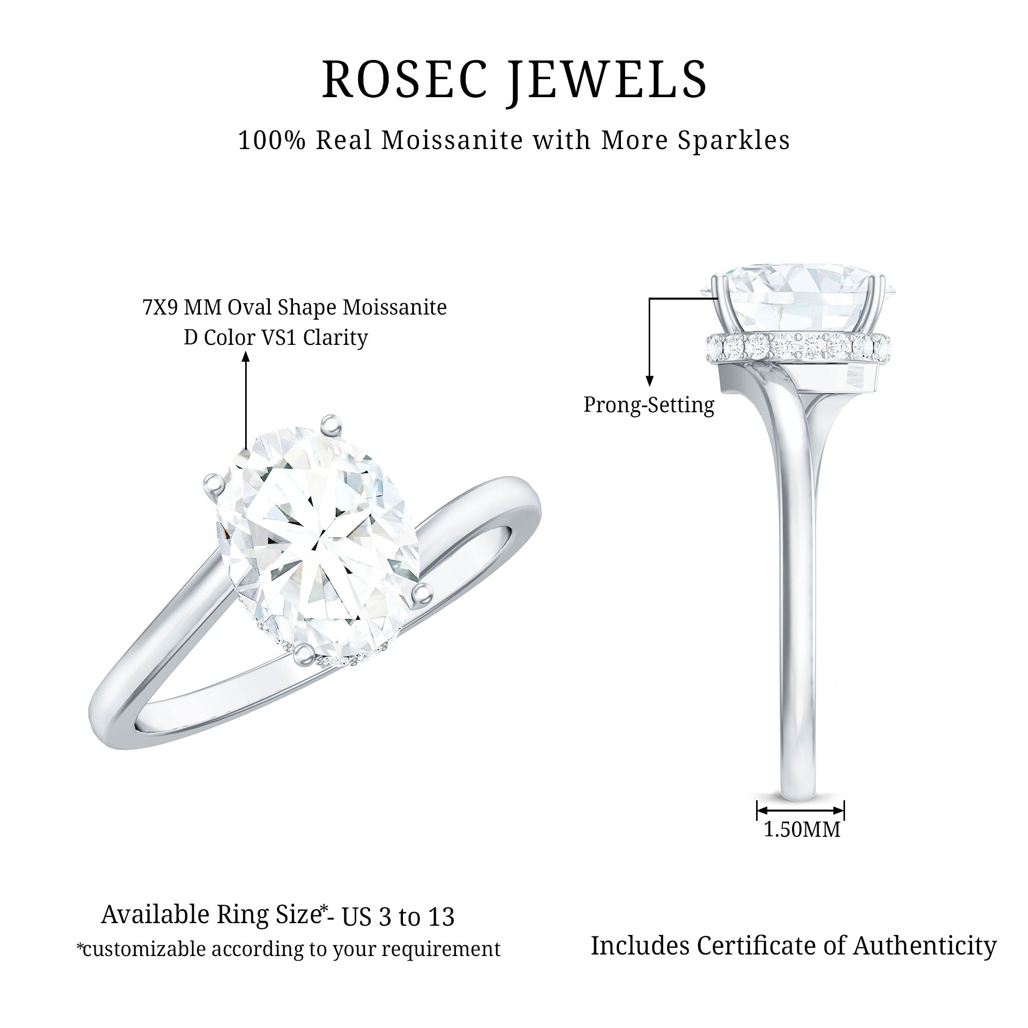 Oval Moissanite Engagement Ring - Elegant Bypass Solitaire Design with Bright Sparkle