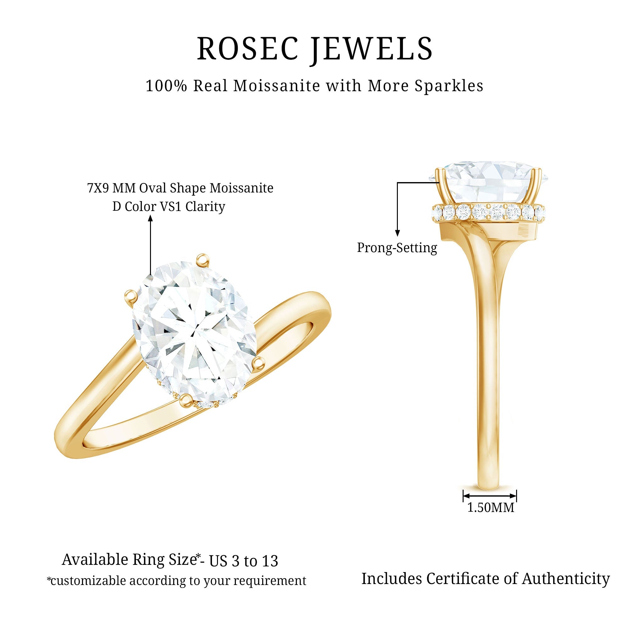 Oval Moissanite Engagement Ring - Elegant Bypass Solitaire Design with Bright Sparkle