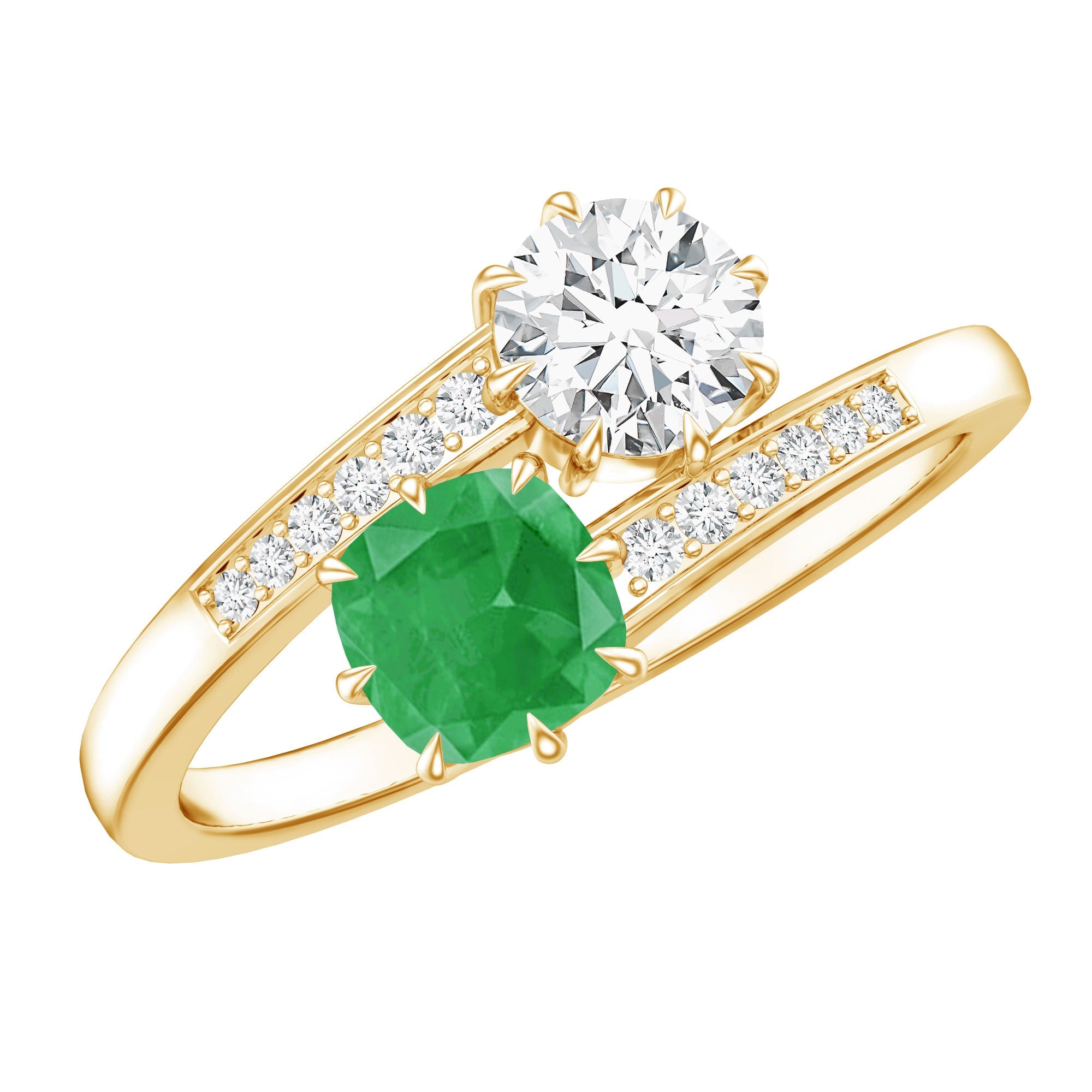 Emerald Moissanite Engagement Ring – Two Stone Cushion Cut Emerald | Bypass Shank Band
