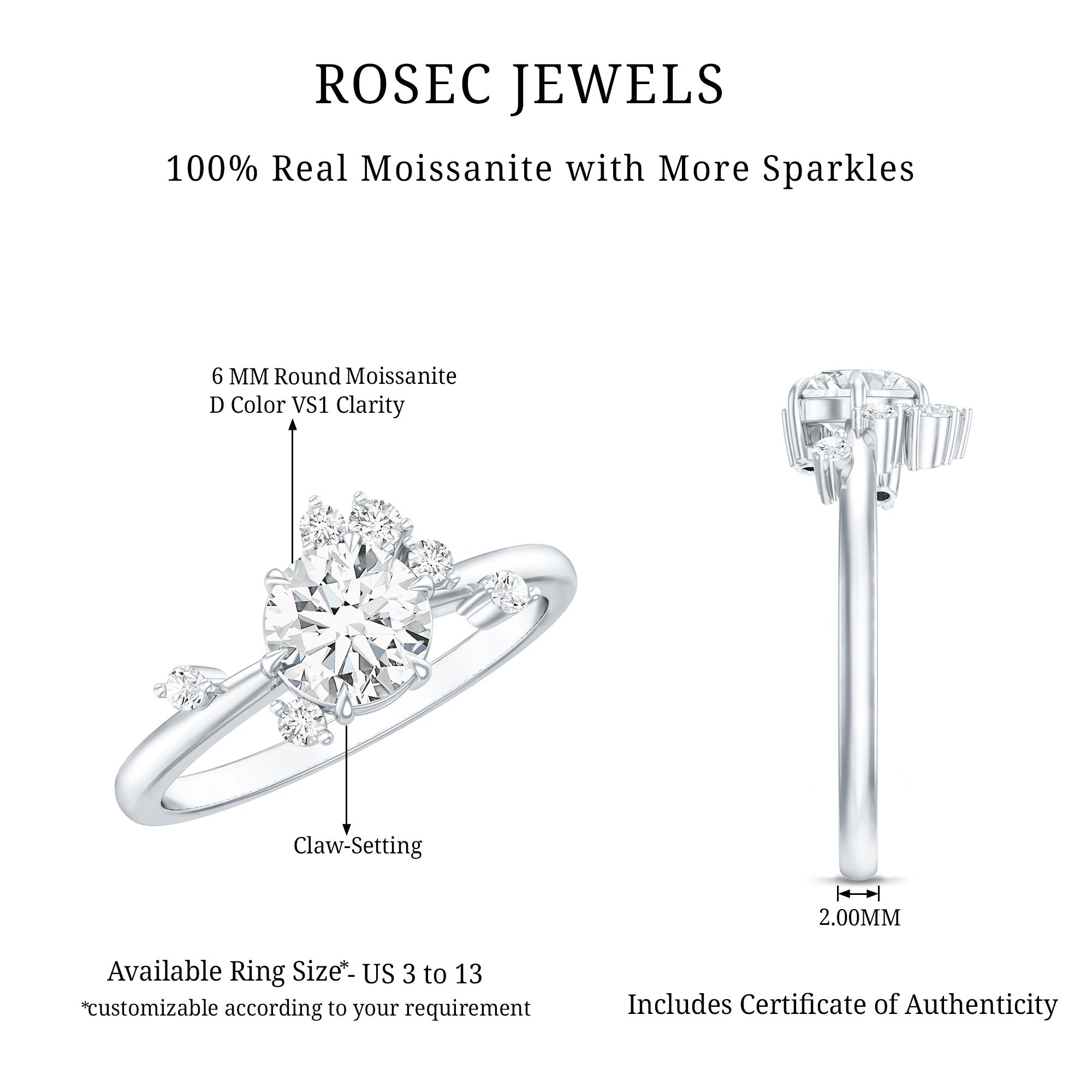 Moissanite Engagement Ring - Round Cut 1 Carat Scatter Diamond Unique Design