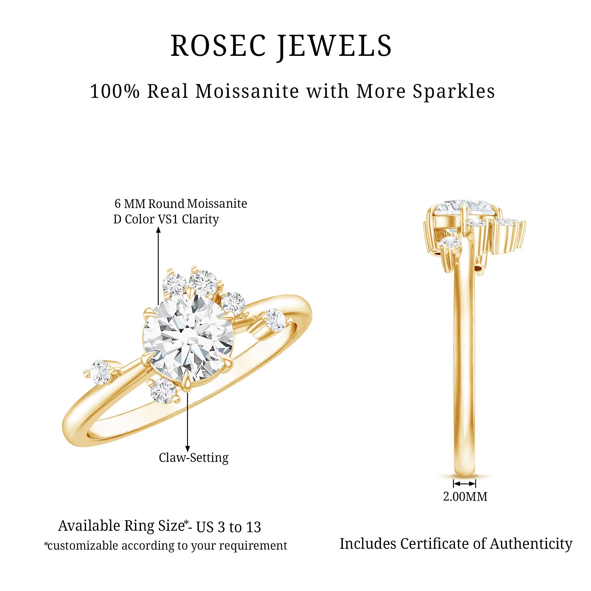 Moissanite Engagement Ring - Round Cut 1 Carat Scatter Diamond Unique Design