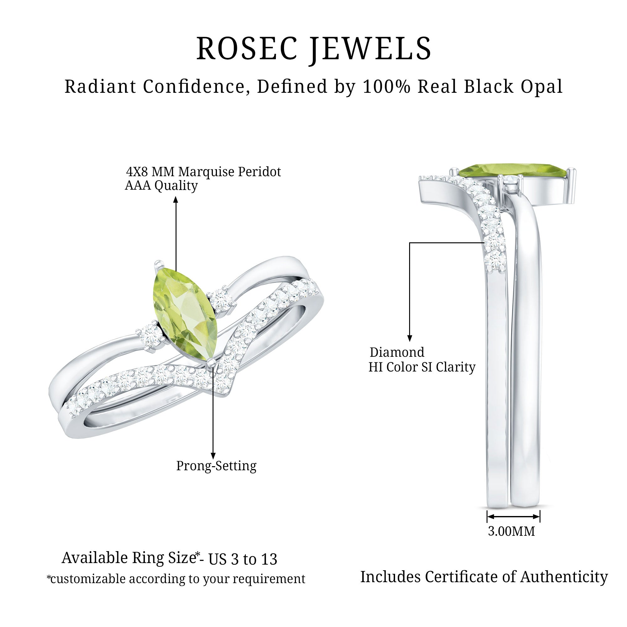 Peridot Wedding Ring Marquise Cut Solitaire Engagement Ring Set – Diamond Enhancer Band