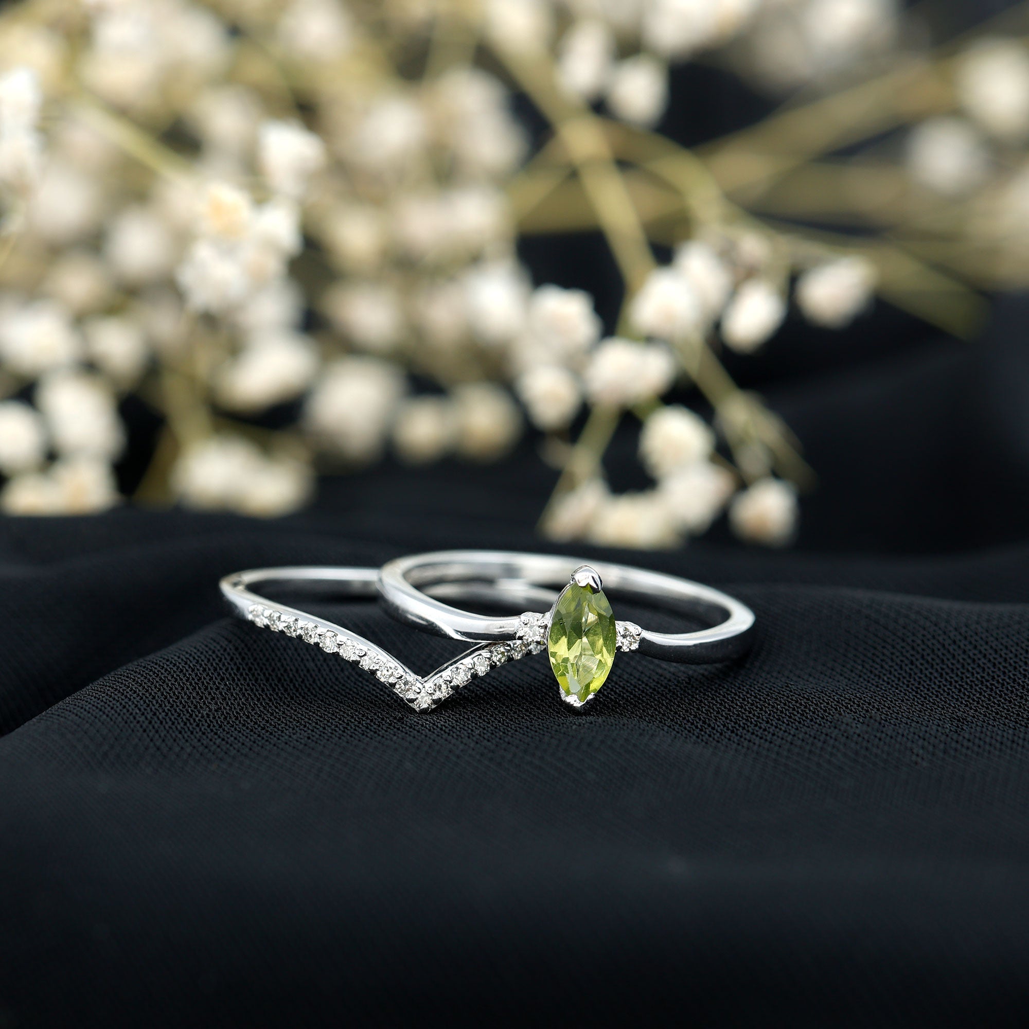 Peridot Wedding Ring Marquise Cut Solitaire Engagement Ring Set – Diamond Enhancer Band