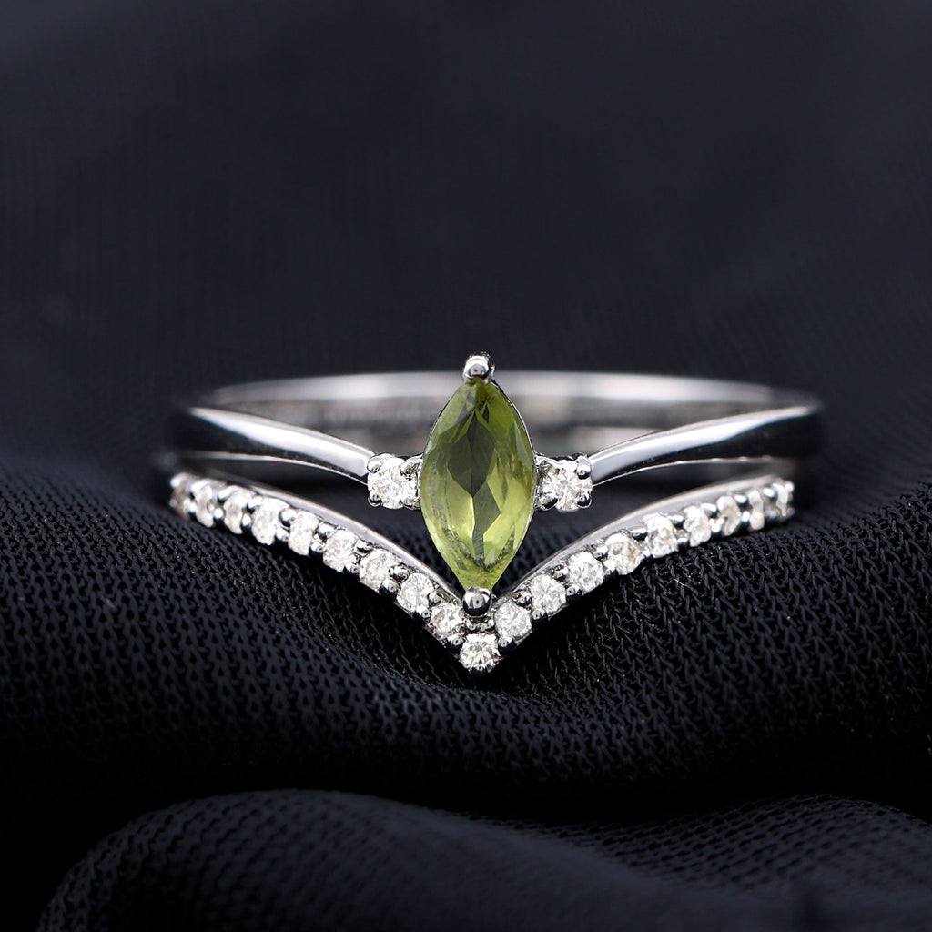 Peridot Wedding Ring Marquise Cut Solitaire Engagement Ring Set – Diamond Enhancer Band