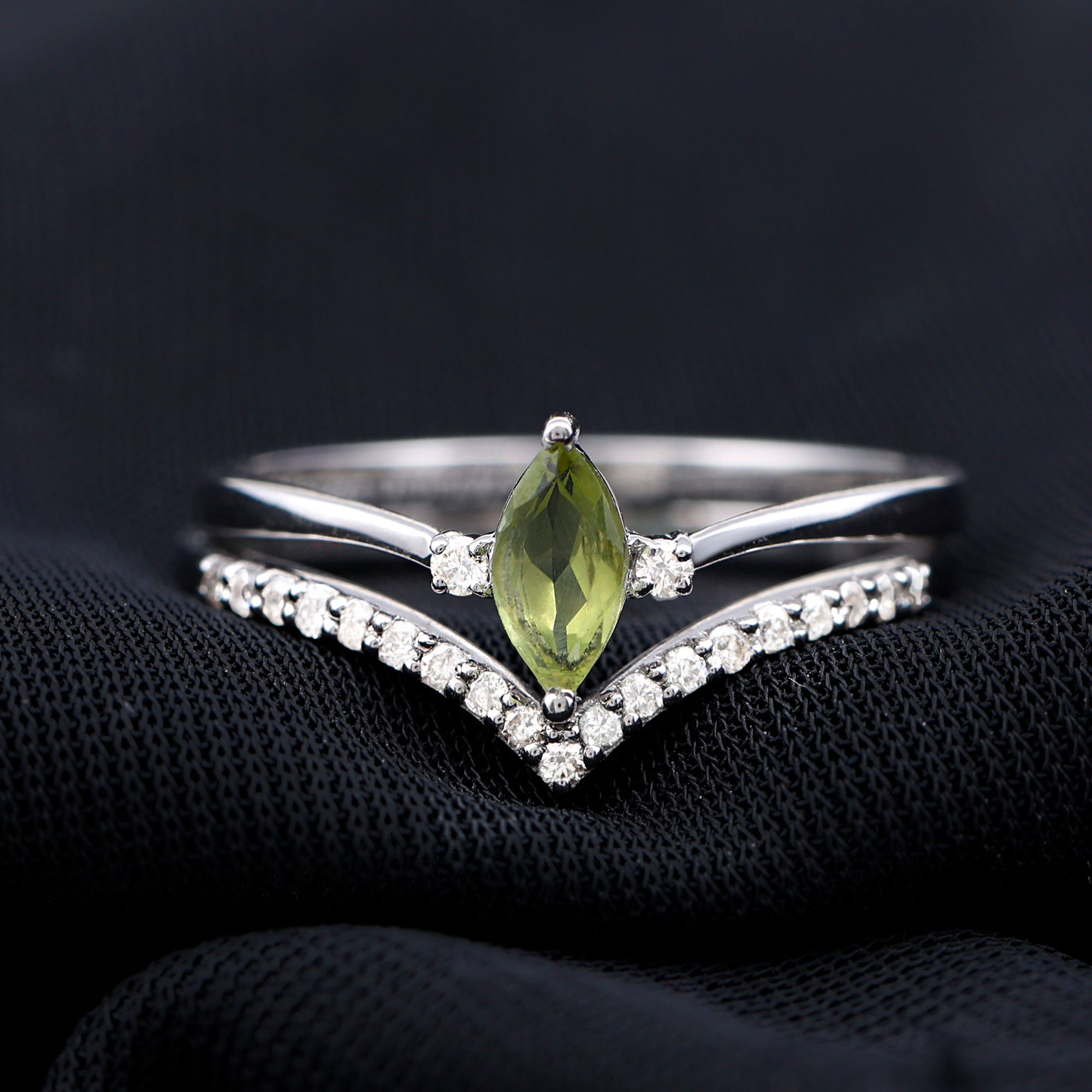 Peridot Wedding Ring Marquise Cut Solitaire Engagement Ring Set – Diamond Enhancer Band
