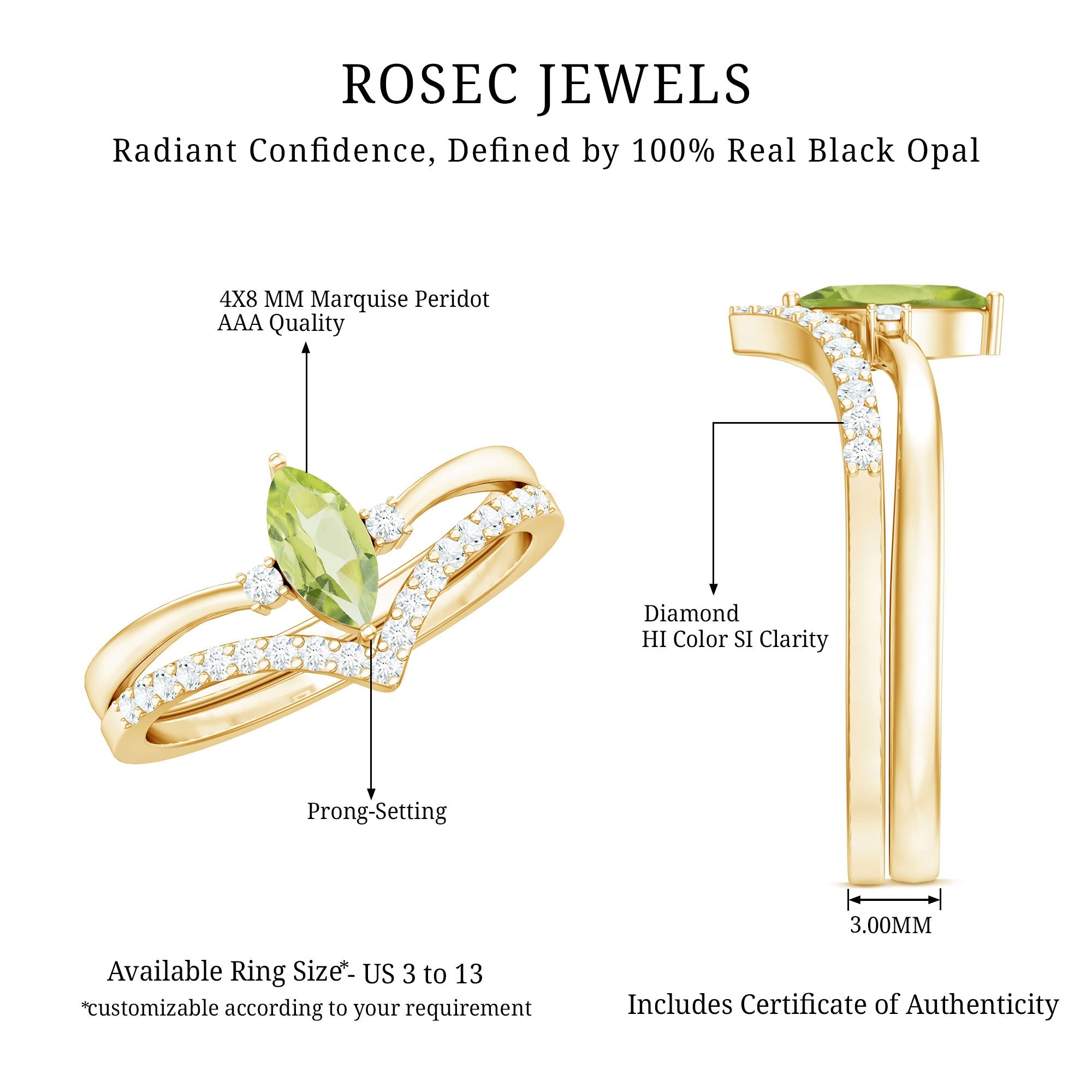 Peridot Wedding Ring Marquise Cut Solitaire Engagement Ring Set – Diamond Enhancer Band
