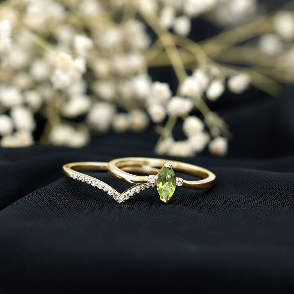Peridot Wedding Ring Marquise Cut Solitaire Engagement Ring Set – Diamond Enhancer Band