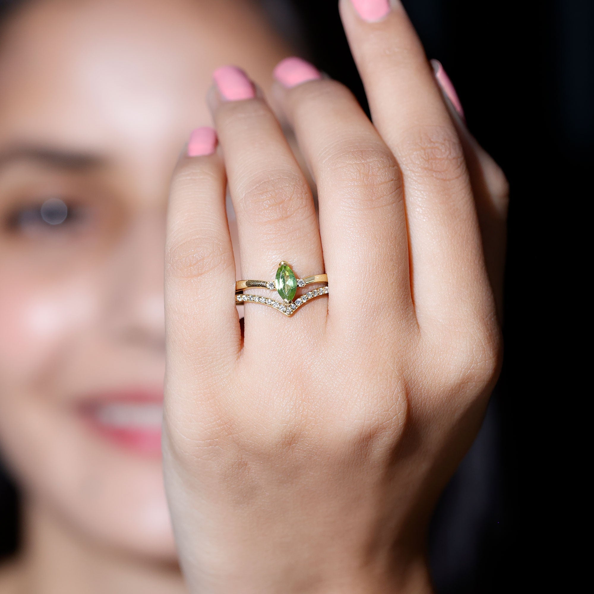 Peridot Wedding Ring Marquise Cut Solitaire Engagement Ring Set – Diamond Enhancer Band