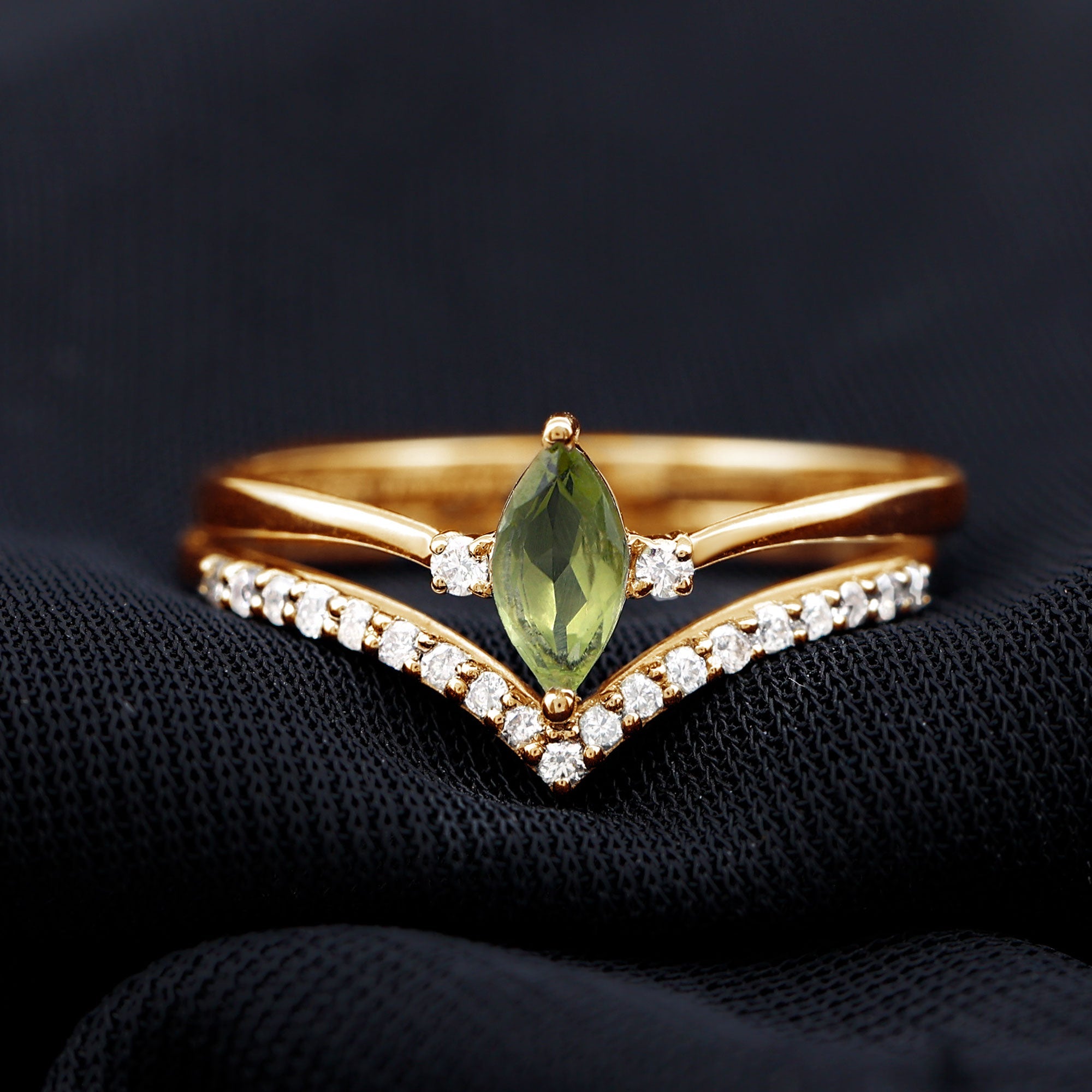 Peridot Wedding Ring Marquise Cut Solitaire Engagement Ring Set – Diamond Enhancer Band