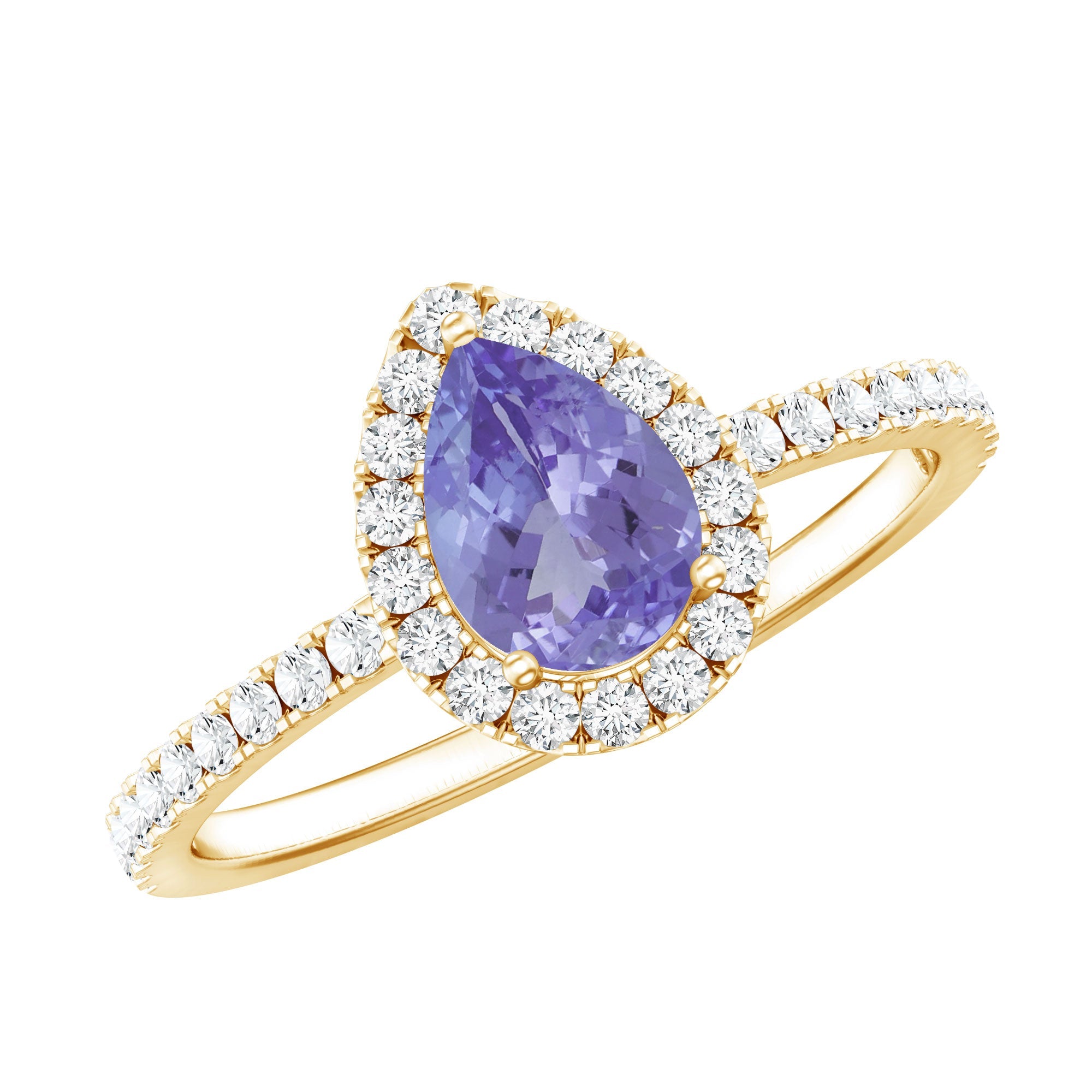 Pear Shape Tanzanite Ring – Elegant Teardrop Engagement Ring with Diamond Halo Band