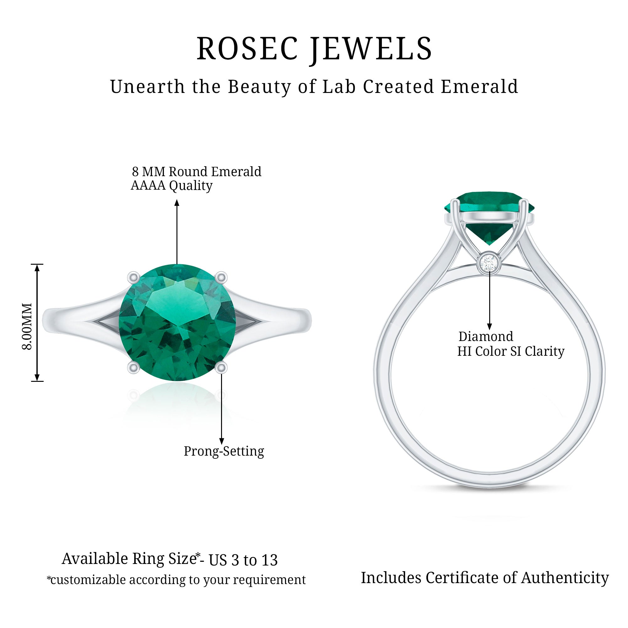 Certified 2 Carat Lab Grown Emerald Engagement Ring with Surprise Diamond