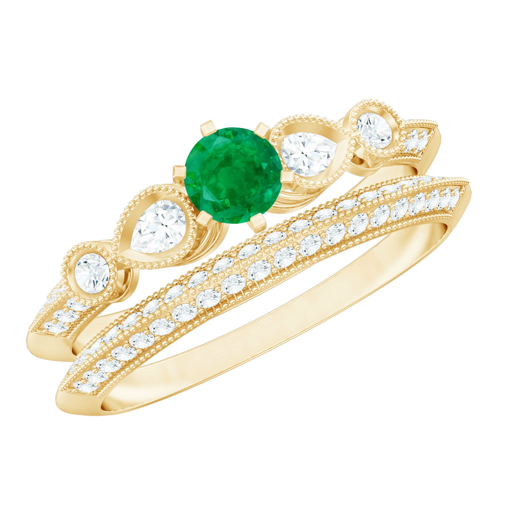 Emerald Diamond Ring Vintage Wedding Set – Two Piece Engagement Band with Beaded Detailing